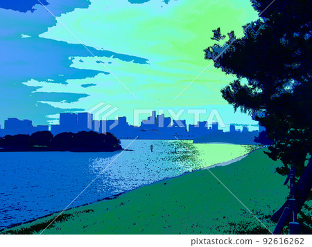 An illustrated Tokyo Bay landscape where the sea and the city coexist in harmony. 92616262