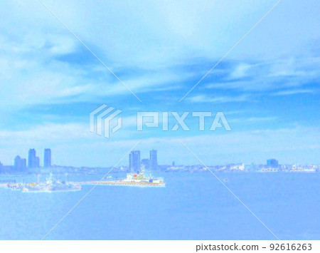 A tranquil view of Yokohama Port and the city. Illustrated photo. 92616263