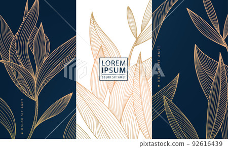 Set of vector collection design elements: labels, frames, wedding invitations, social net stories, packaging, luxury products, perfume, soap, wine, lotion. Golden leaves, art deco. 92616439