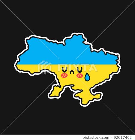 Sad cry funny Ukraine map and flag character. Vector flat line cartoon kawaii character illustration icon. Ukraine cry concept 92617402