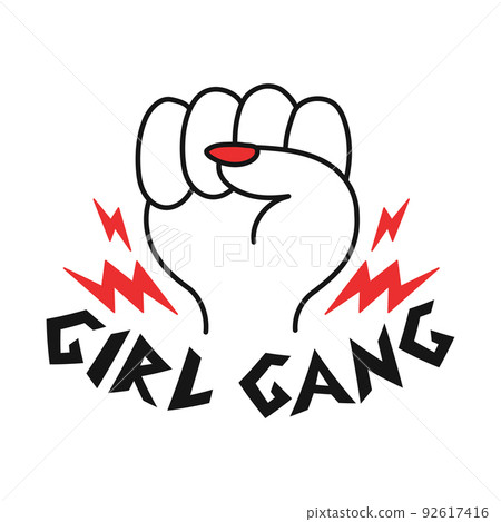 Woman fist with red nails t-shirt print design. Girl gang slogan quote. Vector hand drawn trendy cartoon illustration. Woman,lady,girl,feminism print for t-shirt, poster concept 92617416