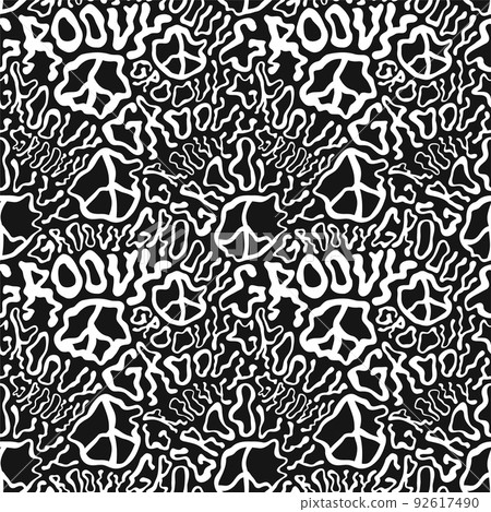 Deformed wavy groovy word and peace sign seamless pattern wallpaper.Vector graphic character illustration.Groovy,trippy lettering,lsd,acid,60s,70s,psychedelic seamless pattern wallpaper print concept Deformed wavy groovy word and peace sign seamless pattern wallpaper.Vector graphic character illustration.Groovy,trippy lettering,lsd,acid,60s,70s,psychedelic seamless pattern wallpaper print concept 92617490