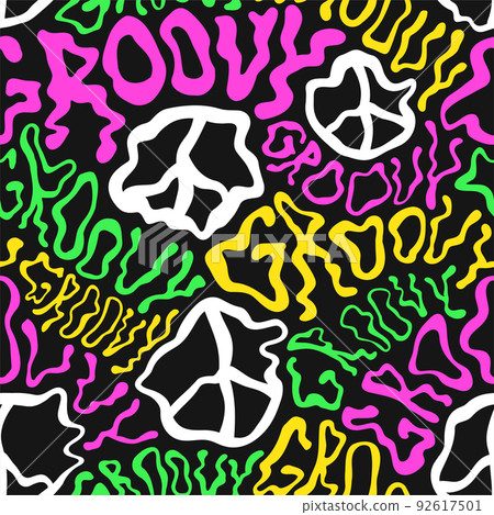 Deformed wavy groovy word and peace sign seamless pattern wallpaper.Vector graphic character illustration.Groovy,trippy lettering,lsd,acid,60s,70s,psychedelic seamless pattern wallpaper print concept 92617501