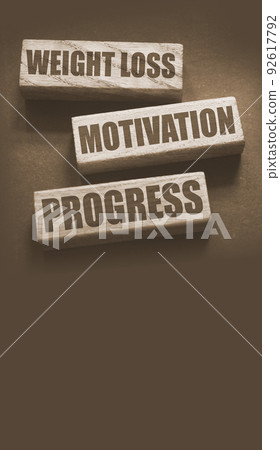 Weight loss motivation progress words on wooden blocks with copyspace. Successful diet healthy food weightloss concept 92617792