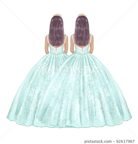 Two girls twins in ball gowns celebrate their 15 birthday. Hand drawn illustration 92617967