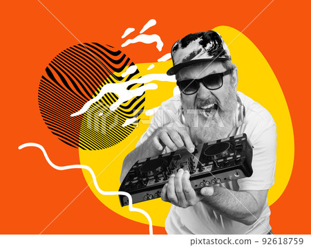 Stylish emotional senior man over bright yellow background. Collage in magazine style. Surrealism, art, creativity, fashion and retro style concept. 92618759