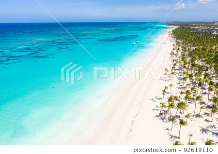 Bounty and pristine sandy shore with coconut palm trees, caribbean sea washes tropical coast. Arenda Gorda beach. Dominican Republic. Aerial view 92619110