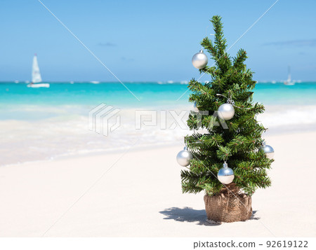 Christmas fir tree on sandy beach. Tropical New year celebration 92619122