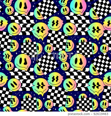 Funny melt smile gradient faces geometry seamless pattern.Vector crazy cartoon character illustration.Smile techno faces melting acid,trippy,cells,techno,space seamless pattern wallpaper print concept Funny melt smile gradient faces geometry seamless pattern.Vector crazy cartoon character illustration.Smile techno faces melting acid,trippy,cells,techno,space seamless pattern wallpaper print concept 92619463
