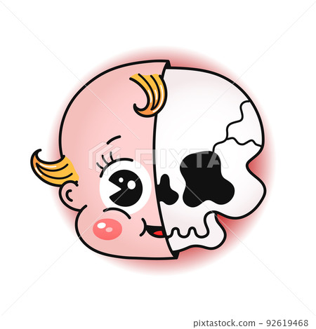 Funny baby head and skull print for t shirt.Vector line doodle traditional retro cartoon illustration.Funny vintage cartoon print poster,t-shirt,sticker concept Funny baby head and skull print for t shirt.Vector line doodle traditional retro cartoon illustration.Funny vintage cartoon print poster,t-shirt,sticker concept 92619468