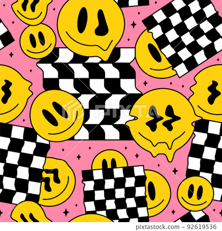 Funny melt smile faces geometry seamless pattern.Vector crazy cartoon character illustration.Smile techno faces melting acid,trippy,cells,techno,space seamless pattern wallpaper print concept 92619536