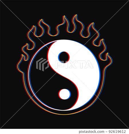 Yin Yang sign burn in fire t-shirt print. Vector hand drawn line style cartoon character logo illustration. Yin Yang sign,burn,fire print for poster,logo,tee concept Yin Yang sign burn in fire t-shirt print. Vector hand drawn line style cartoon character logo illustration. Yin Yang sign,burn,fire print for poster,logo,tee concept 92619612
