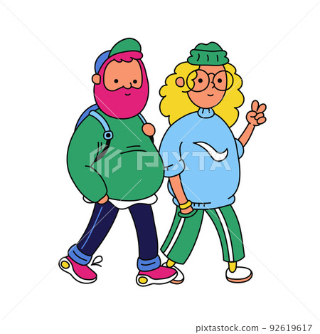 Funny hipster couple walking. Vector trendy doodle cartoon style character illustration icon. Trendy fashion man and woman hipster couple. Isolated on white background Funny hipster couple walking. Vector trendy doodle cartoon style character illustration icon. Trendy fashion man and woman hipster couple. Isolated on white background 92619617