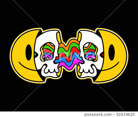 Two half of skull face,smile face,vibrant rainbow.Vector hand drawn doodle 90s style cartoon character illustration.Isolated on white background.Trippy doodle skull,smile face concept Two half of skull face,smile face,vibrant rainbow.Vector hand drawn doodle 90s style cartoon character illustration.Isolated on white background.Trippy doodle skull,smile face concept 92619620
