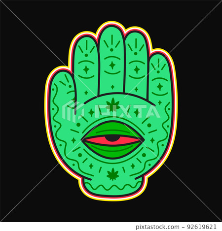 Hand with open red eye print for t-shirt,tee. Vector cartoon character illustration logo design. Magic hand,palm with eye,weed,cannabis,marijuana print for t-shirt,tee,logo concept 92619621