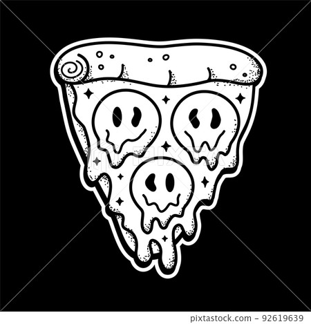 Pizza slice with melt smile face t-shirt print. Vector doodle line cartoon character illustration.Pizza,trippy smile face,acid print on poster, t-shirt,logo concept Pizza slice with melt smile face t-shirt print. Vector doodle line cartoon character illustration.Pizza,trippy smile face,acid print on poster, t-shirt,logo concept 92619639