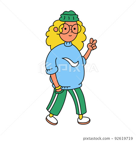 Funny hipster girl walk. Vector trendy doodle cartoon style character illustration icon. Isolated on white background 92619719