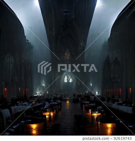 Satanic Gothic Cathedral Interior. Halloween Vintage Background. Occult, Esoteric, Divination and Wicca Concept 92619743