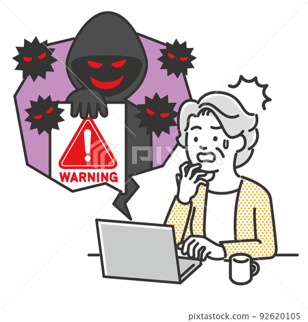 Illustration image of a senior woman who was victim of fraud and crime using a personal computer 92620105