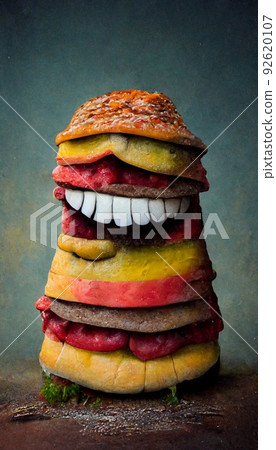 A fun cheeseburger with cheese, tomato, onions, beef patty, pickles, lettuce, mustard and ketchup. A laughable, juicy burger. Perfect for phone wallpaper or for posters. 92620107