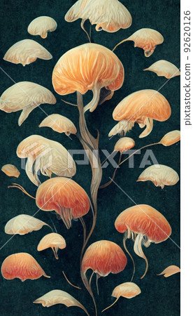 Colorful multicolored bright picture. Painted bright multicolored mushrooms. Abstract colorful background. 92620126