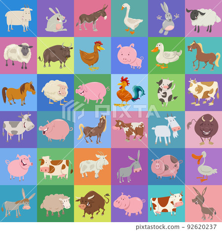 background design with funny cartoon farm animal characters background design with funny cartoon farm animal characters 92620237