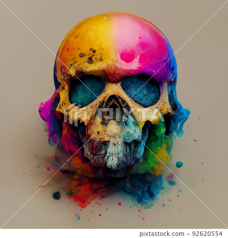 A skull splattered with multicolored ink. Skull painted with colorful paints. A creepy skull smeared with different colors of ink. Perfect for phone wallpaper or posters. A skull splattered with multicolored ink. Skull painted with colorful paints. A creepy skull smeared with different colors of ink. Perfect for phone wallpaper or posters. 92620554