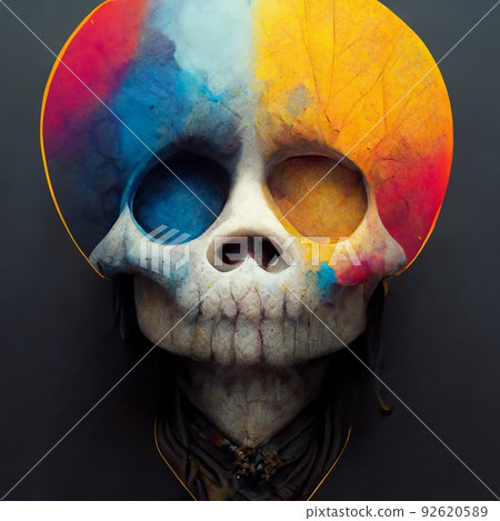 A skull splattered with multicolored ink. Skull painted with colorful paints. A creepy skull smeared with different colors of ink. Perfect for phone wallpaper or posters. 92620589