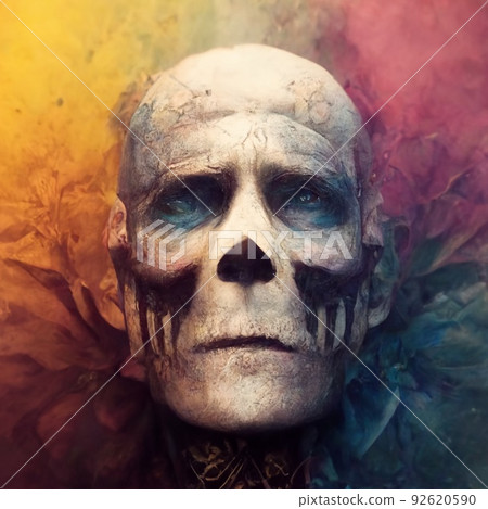 A skull splattered with multicolored ink. Skull painted with colorful paints. A creepy skull smeared with different colors of ink. Perfect for phone wallpaper or posters. 92620590