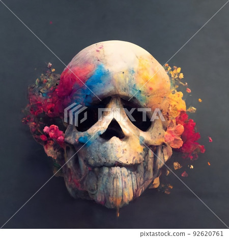 A skull splattered with multicolored ink. Skull painted with colorful paints. A creepy skull smeared with different colors of ink. Perfect for phone wallpaper or posters. A skull splattered with multicolored ink. Skull painted with colorful paints. A creepy skull smeared with different colors of ink. Perfect for phone wallpaper or posters. 92620761