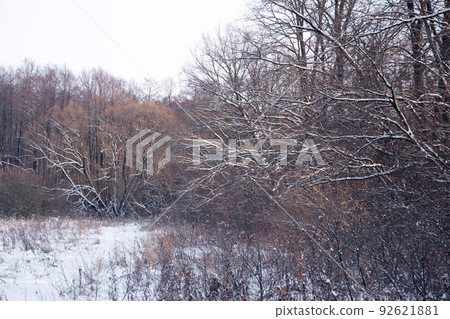 winter landscape, nature covered with snow at winter sunset 92621881