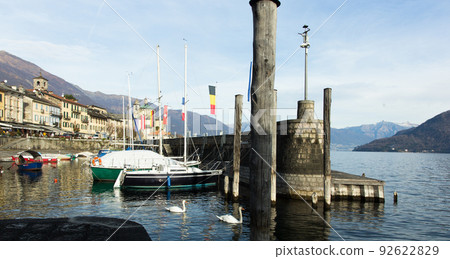 Cannobio. ITALIA. Embankment of Cannobio on the lake Maggiore in the winter afternoon 92622829