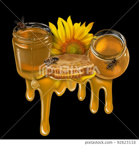 honey composition. watercolor realistic illustration of honey, flowers, honeycombs and bees 92623118
