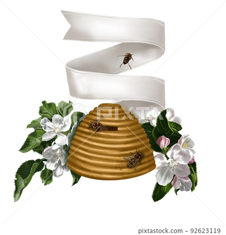 honey composition. watercolor realistic illustration of honey, flowers, honeycombs and bees 92623119