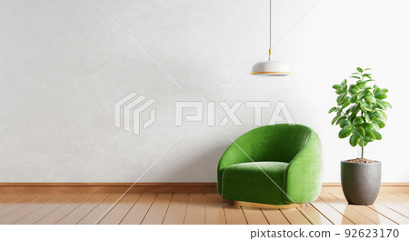 Green armchair with empty wall plants and lamp in modern room on wooden background. Copy space. Architecture and interior concept. 3D illustration rendering 92623170