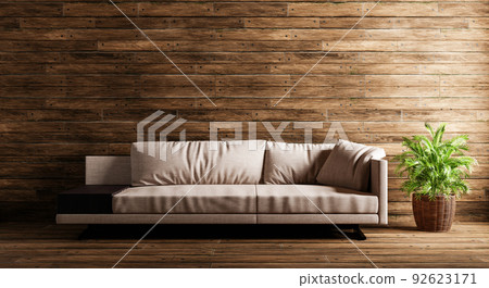 Cozy beige sofa in wooden house background with plant. Architecture and interior concept. 3D illustration rendering Cozy beige sofa in wooden house background with plant. Architecture and interior concept. 3D illustration rendering 92623171