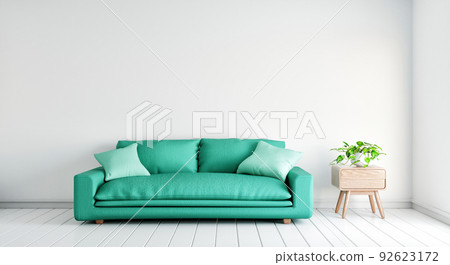 Green sofa with plants table on empty white wall in living room background. Architecture and interior. 3D illustration rendering Green sofa with plants table on empty white wall in living room background. Architecture and interior. 3D illustration rendering 92623172