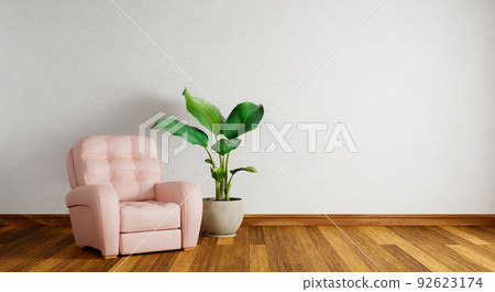 Pink sofa on empty white wall with wooden parquet floor in living room background. Architecture and interior. 3D illustration rendering 92623174