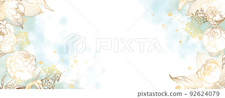 Luxurious golden wallpaper. Banner with white background blue and green watercolor stains and flowers. Golden peonies leave wall art with a shiny light texture. Vector illustration. 92624079