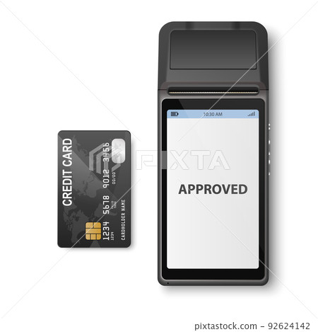 Vector 3d NFC Payment Machine with Approved Status and Black Credit Card Isolated. Wi-fi, Wireless Payment. POS Terminal, Machine Design Template, Bank Payment Contactless Terminal, Mockup. Top VIew 92624142