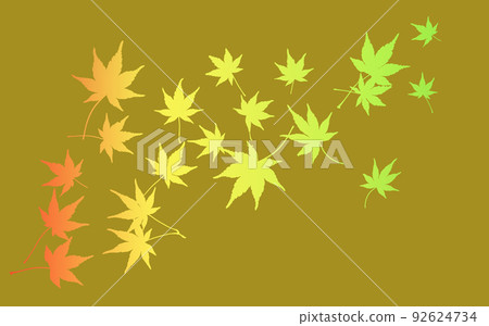 Soaring colorful autumn leaves silhouette against a golden brown background 92624734