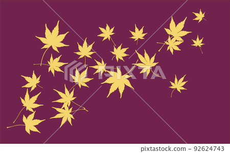 深紅色背景上飆升的金色楓葉剪影 深紅色背景上飆升的金色楓葉剪影 92624743