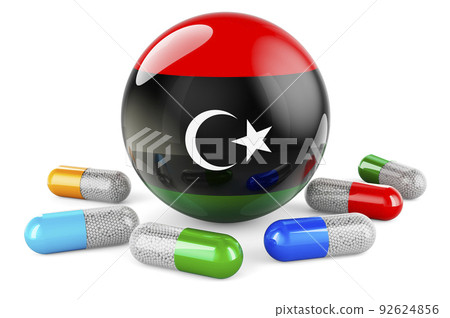 Pills capsule with Libyan flag. 3D rendering Pills capsule with Libyan flag. 3D rendering 92624856