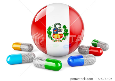 Pills capsules with Peruvian flag. 3D rendering Pills capsules with Peruvian flag. 3D rendering 92624896