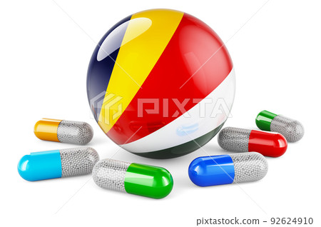 Pills capsules with Seychelloise flag. 3D rendering Pills capsules with Seychelloise flag. 3D rendering 92624910