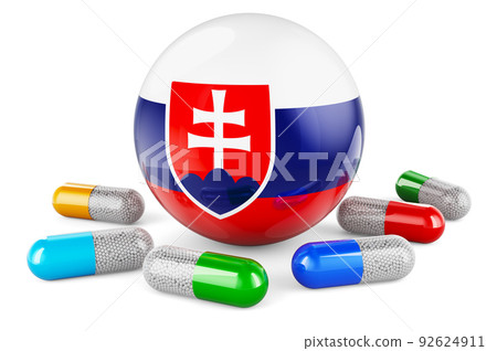 Pills capsules with Slovak flag. 3D rendering Pills capsules with Slovak flag. 3D rendering 92624911