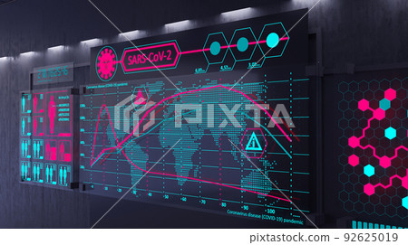 SARS-CoV-2. Covid-19 global pandemic. Coronavirus incidence graph. Data visualization. 3D illustration 92625019