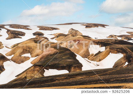 Landscape from Brennisteinsald trail with snow covered volcanic mountain in Landmannalaugar at Highlands of Iceland Landscape from Brennisteinsald trail with snow covered volcanic mountain in Landmannalaugar at Highlands of Iceland 92625206