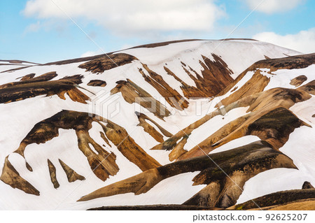 Landscape from Brennisteinsald trail with snow covered volcanic mountain in Landmannalaugar at Highlands of Iceland Landscape from Brennisteinsald trail with snow covered volcanic mountain in Landmannalaugar at Highlands of Iceland 92625207