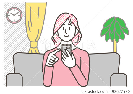 A woman sitting on a sofa in the living room and operating a smartphone [vector illustration material] 92627580